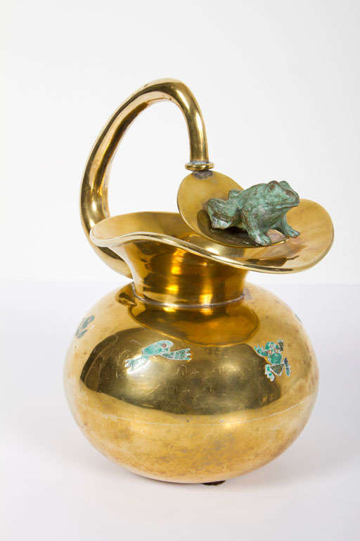 Meican Malachite and Brass Frog Pitcher by Los Castillo For Sale 2