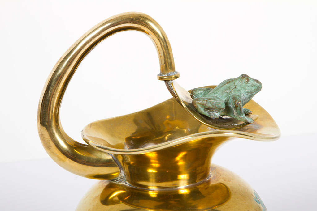 Mexican Meican Malachite and Brass Frog Pitcher by Los Castillo For Sale