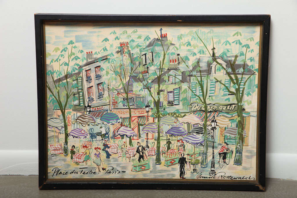 Signed watercolor on press board of a Paris street scene found in Paris. Nice substantial frame, but paint loss to the frame. The press board is a bit warped but does not interfere with the charming subject matter.