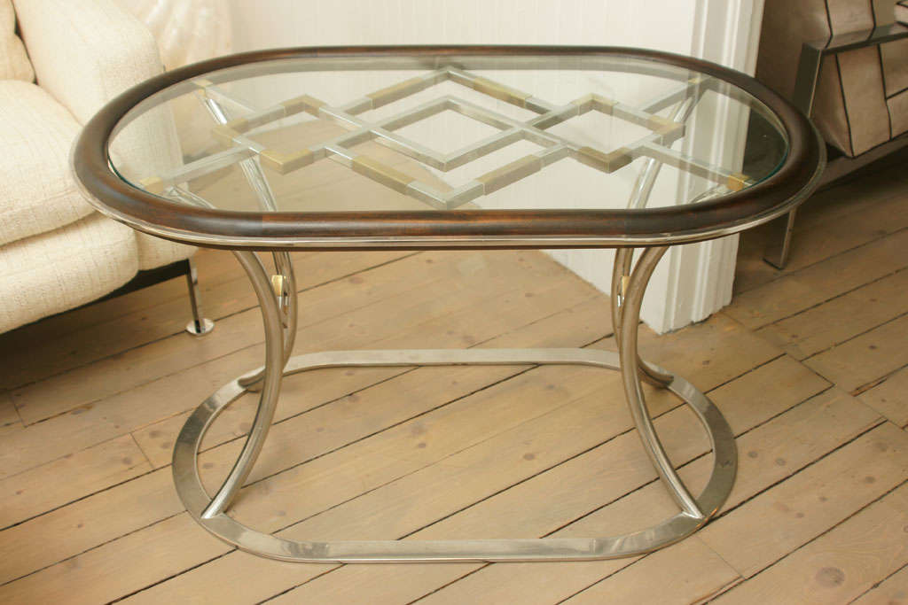 Pair of Glass Oval Wood and Leather Nickel Tables