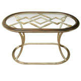 Pair of Glass Oval Wood and Leather Nickel Tables