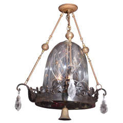 Antique Etched Dome  and Rock Crystal Wrought Iron Chandelier