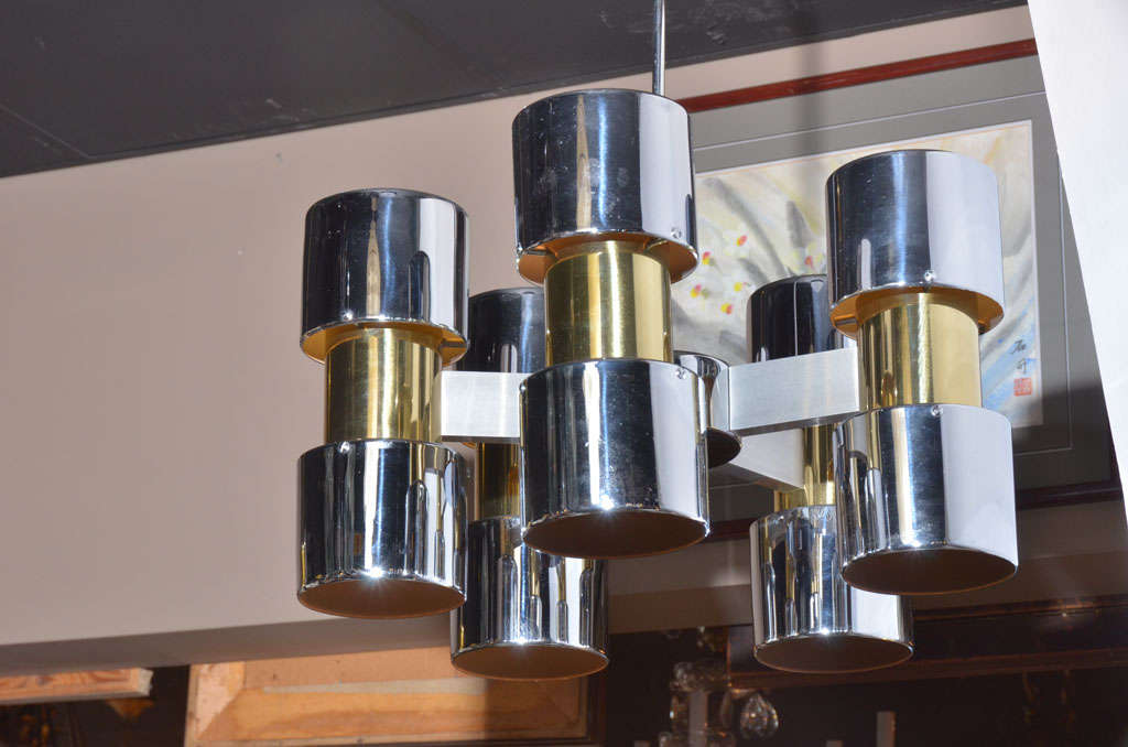 American Chrome and brass Chandelier in the style of Paul Evans