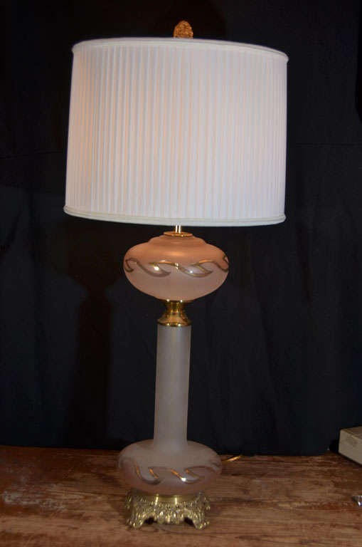 American Pair of 1950's Delicate Pink Satin Glass Table Lamps. For Sale