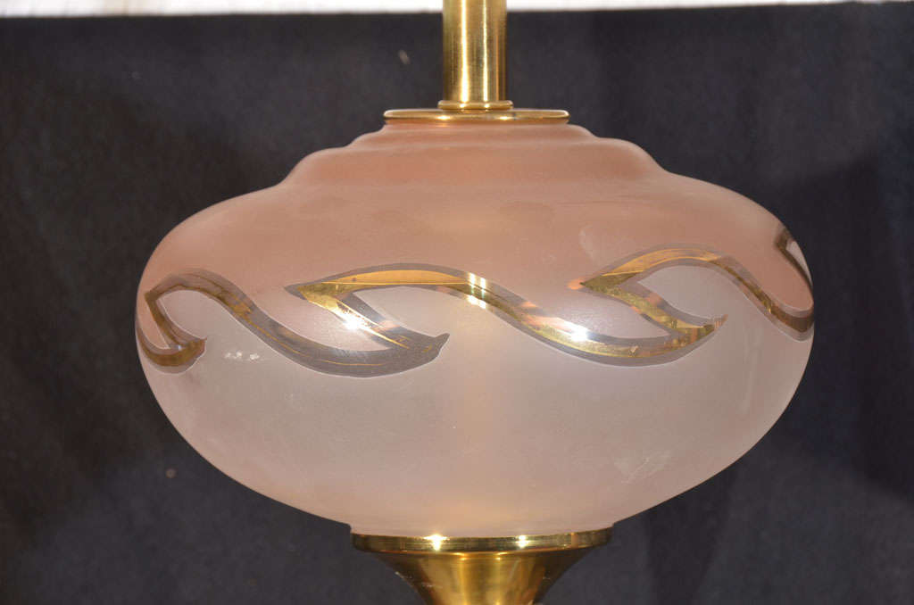 Brass Pair of 1950's Delicate Pink Satin Glass Table Lamps. For Sale