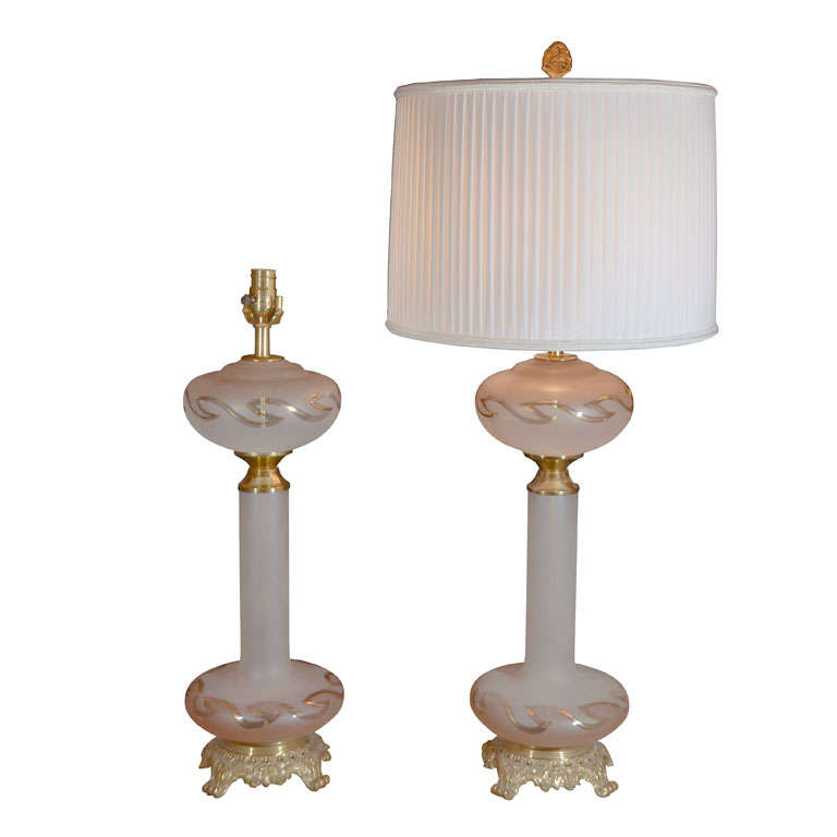 Pair of 1950's Delicate Pink Satin Glass Table Lamps. For Sale