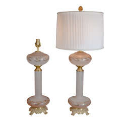 Vintage Pair of 1950's Delicate Pink Satin Glass Table Lamps.