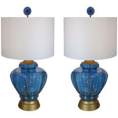 Pair of Mid Century Blue Glass Lamps