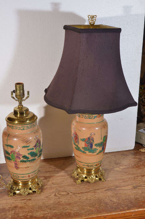 20th Century Asian Pair, Hand Painted, Electrified Oil Lamps For Sale