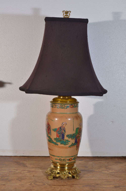 Brass Asian Pair, Hand Painted, Electrified Oil Lamps For Sale