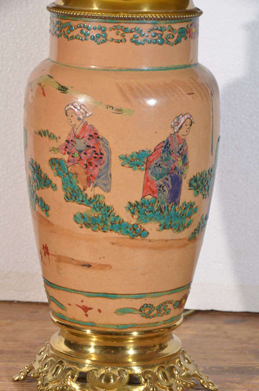 Asian Pair, Hand Painted, Electrified Oil Lamps For Sale 3