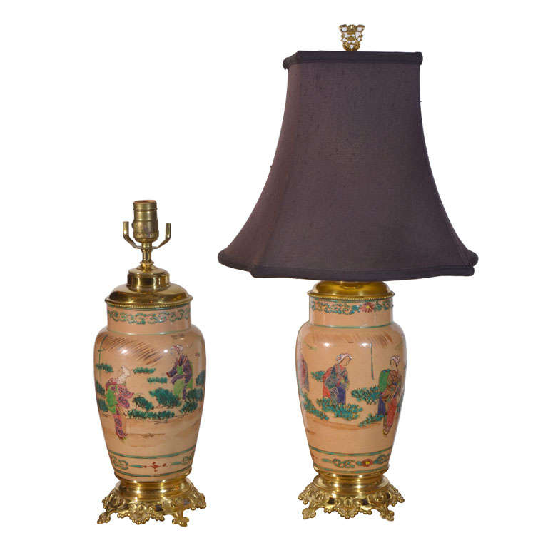 Asian Pair, Hand Painted, Electrified Oil Lamps For Sale