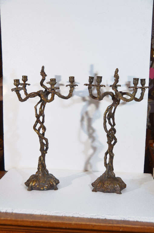 Cast Bronze, six arm, pair of candelabra, cast in a free form representing a tree.