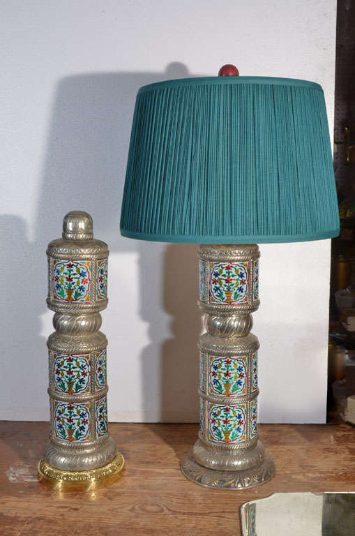 Wooden Cylinders, made in Italy, hand turned with hammered brass overlay that has been brushed nickel plated. Beautiful provincial design hand painted with multicolored enamel.  The cylinders are drilled and wired by Brady's. Lampshades are sold