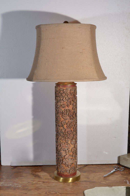 Wooden Wall Paper Press Roller as a Table Lamp.  Beautiful design, with brass & cork imbedded in the wooden roller, creating the design.  One of a Kind.  Priced without Lamp Shade.  Shown with a 16
