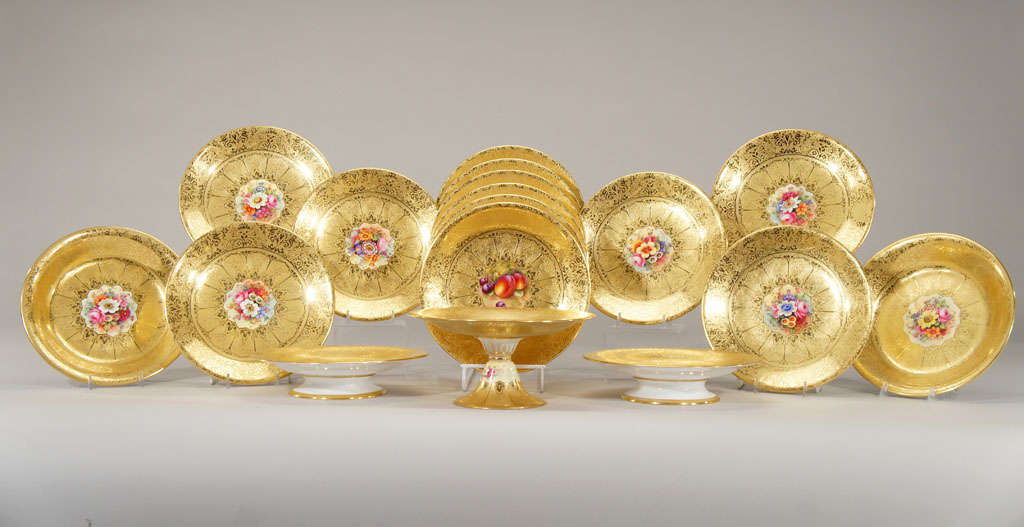 This eye-popping complete dessert service was especially made for Asprey's, London in 1937. Imagine who might have owned this custom-ordered set! It consists of 17 pieces which includes 12 dessert plates with hand-painted centers (9