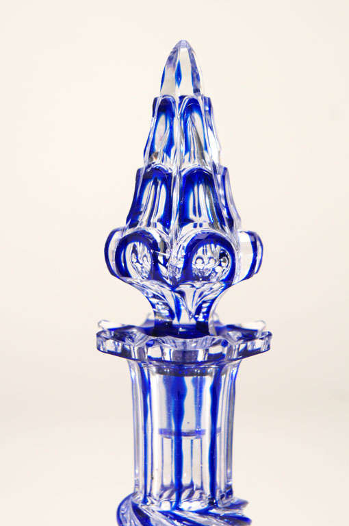 Pair of 19th Century English Cobalt Overlay Cut to Clear Decanters 1