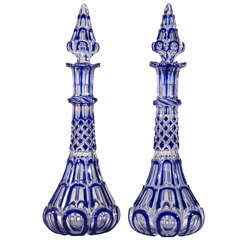Pair of 19th Century English Cobalt Overlay Cut to Clear Decanters