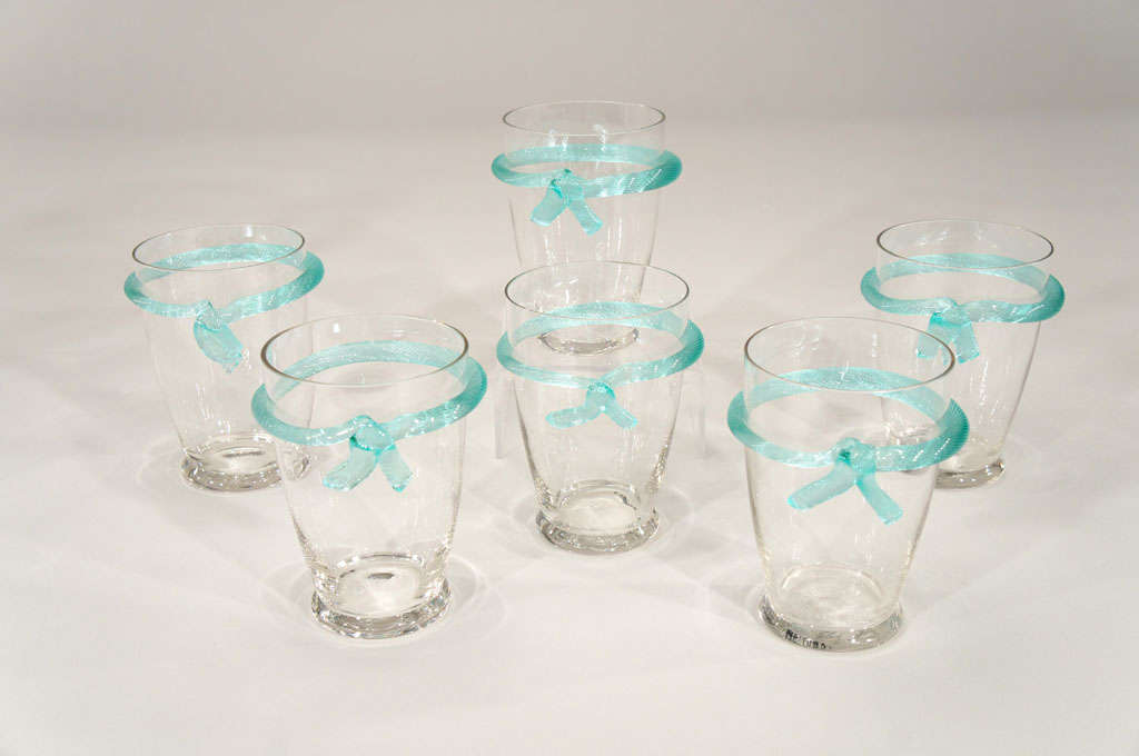 Unusual Hand Blown Crystal Beverage Set W/ Applied Bows For Sale 2
