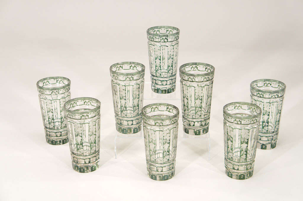 Set Of 8 Bohemian Green Overlay Panel Cut Crystal Tumblers