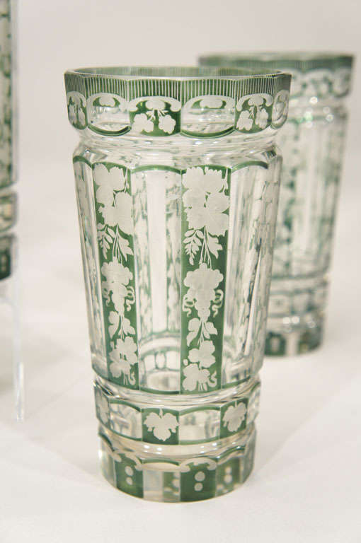 20th Century Set Of 8 Bohemian Green Overlay Panel Cut Crystal Tumblers