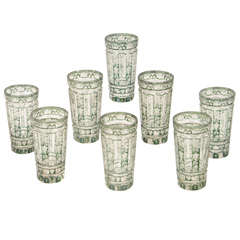 Antique Set Of 8 Bohemian Green Overlay Panel Cut Crystal Tumblers