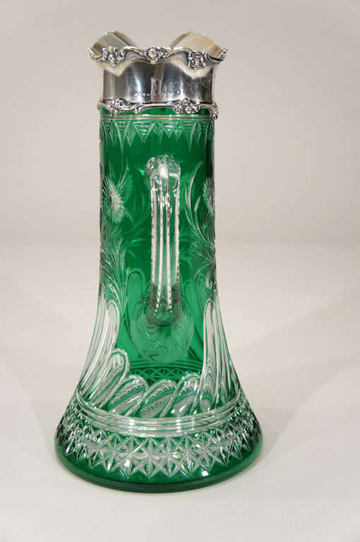 Stevens & Williams Green Overlay Cut to Clear Pitcher SS Mount In Excellent Condition In Great Barrington, MA