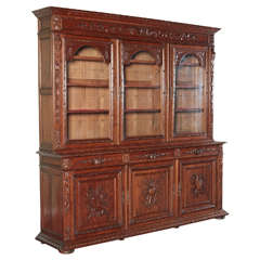 French Antique Carved Bookcase Bibliotheque with Glass doors