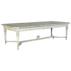 Large 19th Century French Painted Dining Room Table with Faux Marble Top