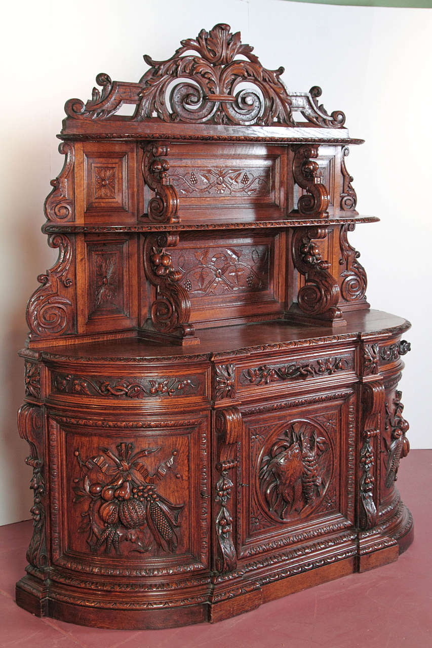 Finely Carved Antique Hunting Buffet Cabinet 1