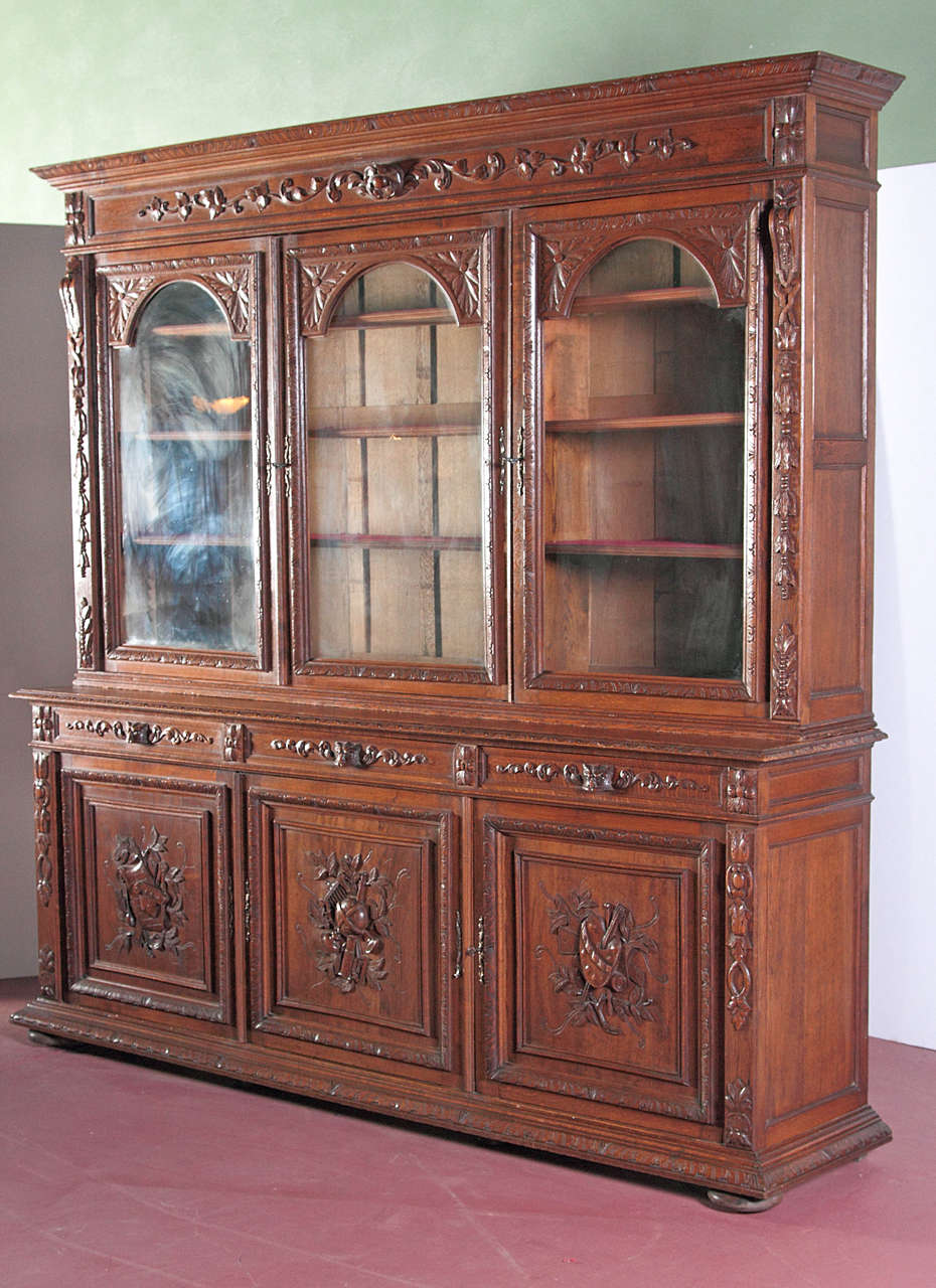 French Antique Carved Bookcase Bibliotheque with Glass doors at 1stDibs
