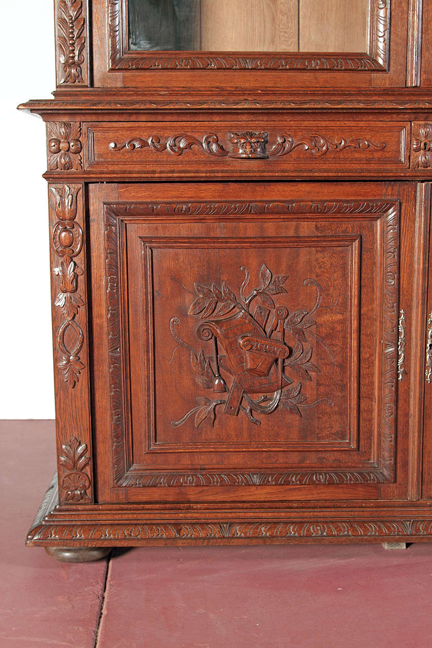 French Antique Carved Bookcase Bibliotheque with Glass doors at 1stDibs
