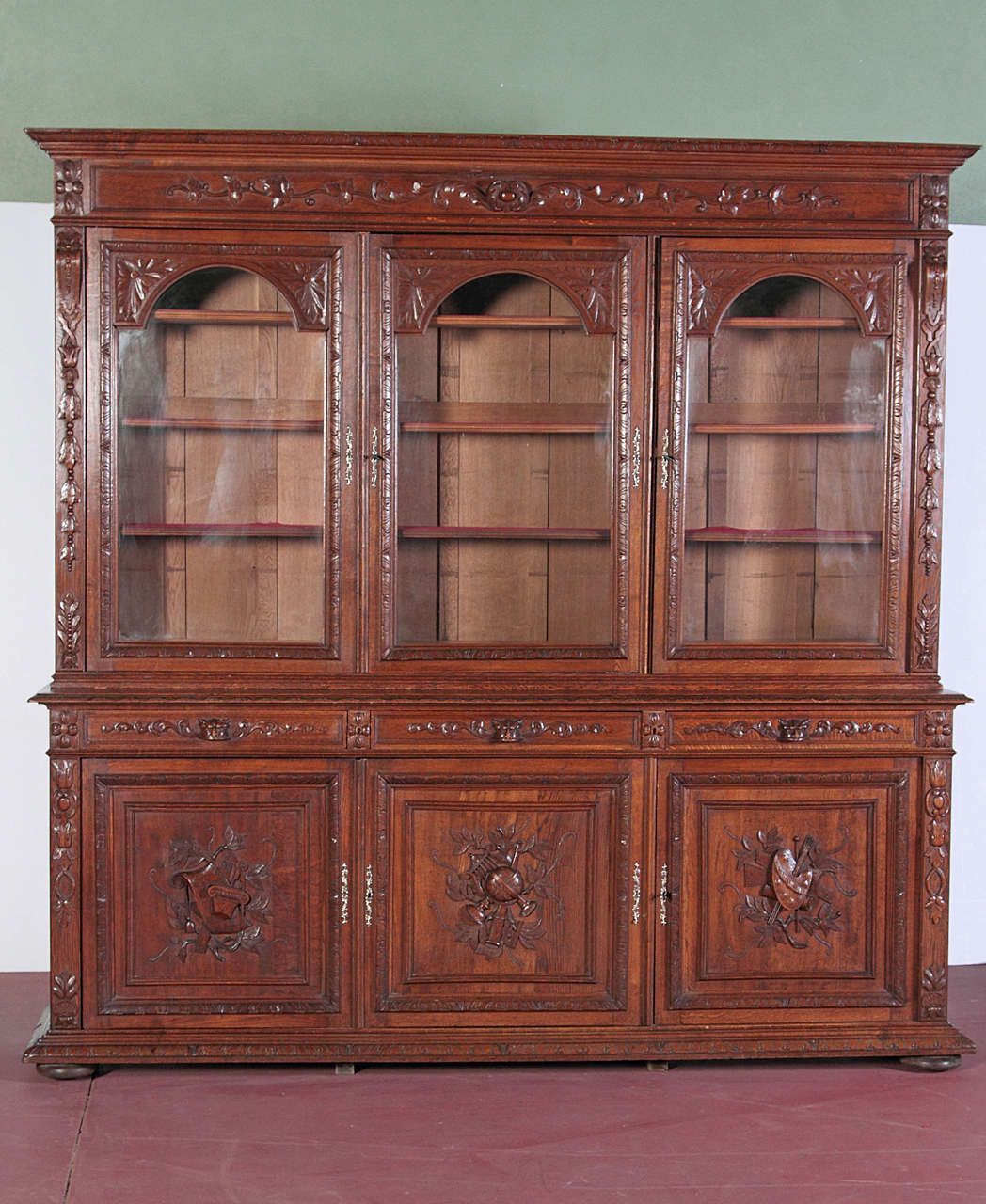 French Antique Carved Bookcase Bibliotheque with Glass doors at 1stDibs