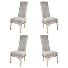 Four Dining Chairs with Velour Fabric, Lucite Legs and with Chrome Base