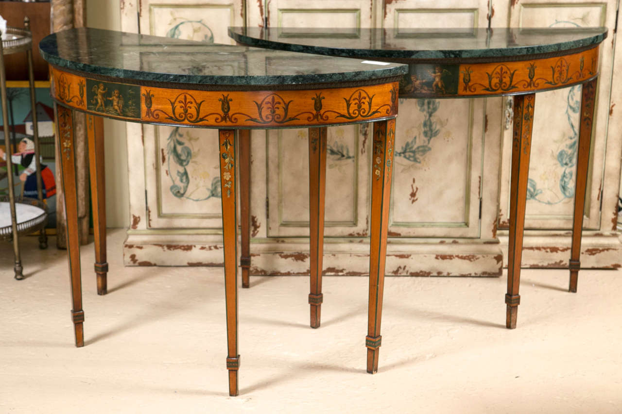 Pair of Neoclassical Style Marble Top Demi Lune Console