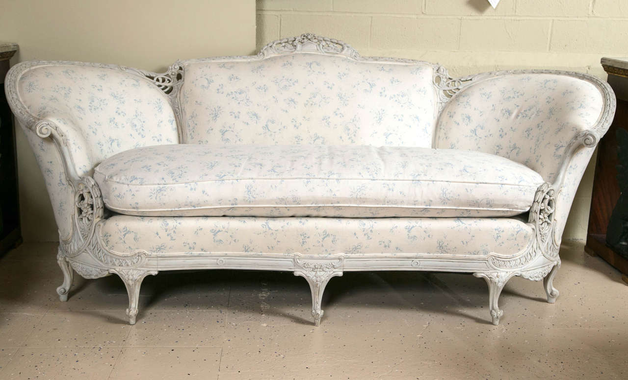 American Louis XV Style Sofa with Matching Wing Chair Swedish Paint Decorated