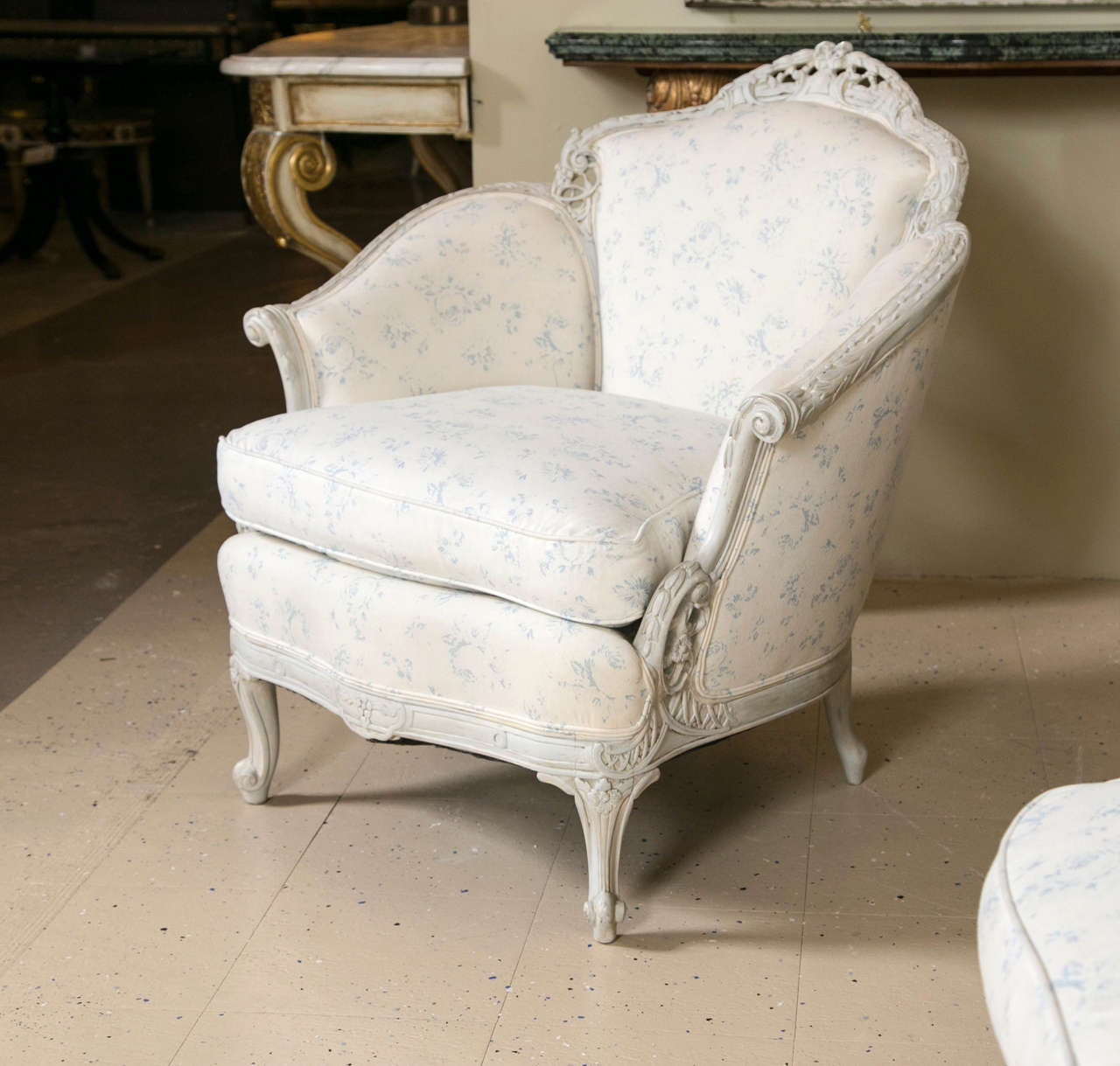 Early 20th Century Louis XV Style Sofa with Matching Wing Chair Swedish Paint Decorated