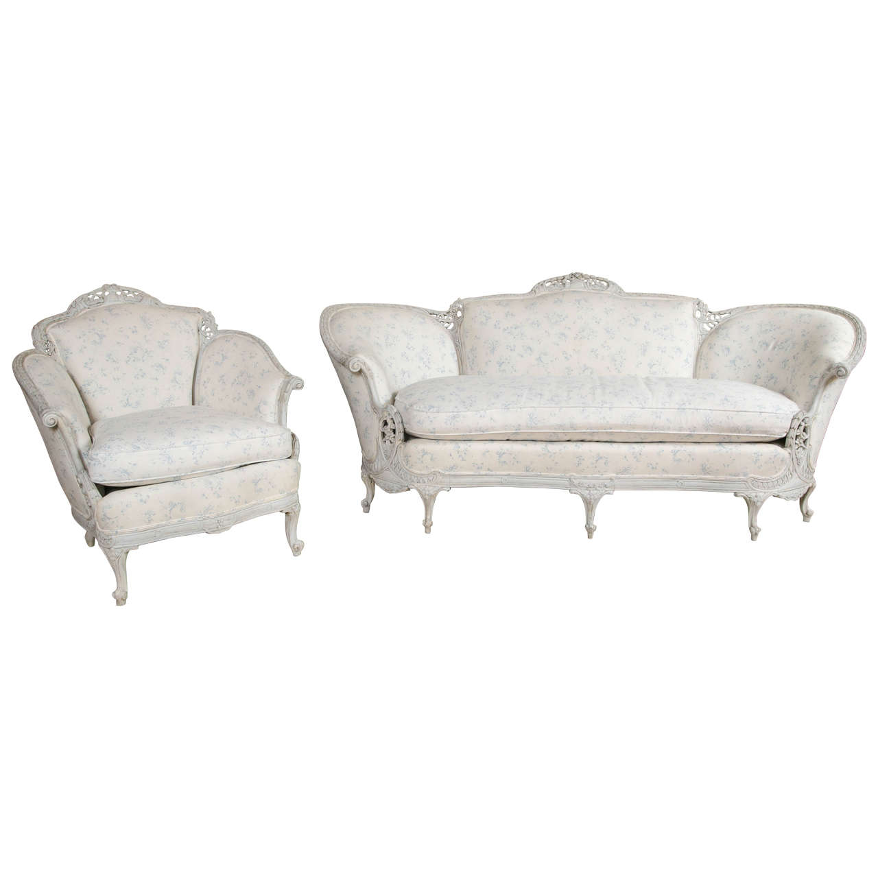 Louis XV Style Sofa with Matching Wing Chair Swedish Paint Decorated