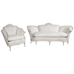 Antique Louis XV Style Sofa with Matching Wing Chair Swedish Paint Decorated