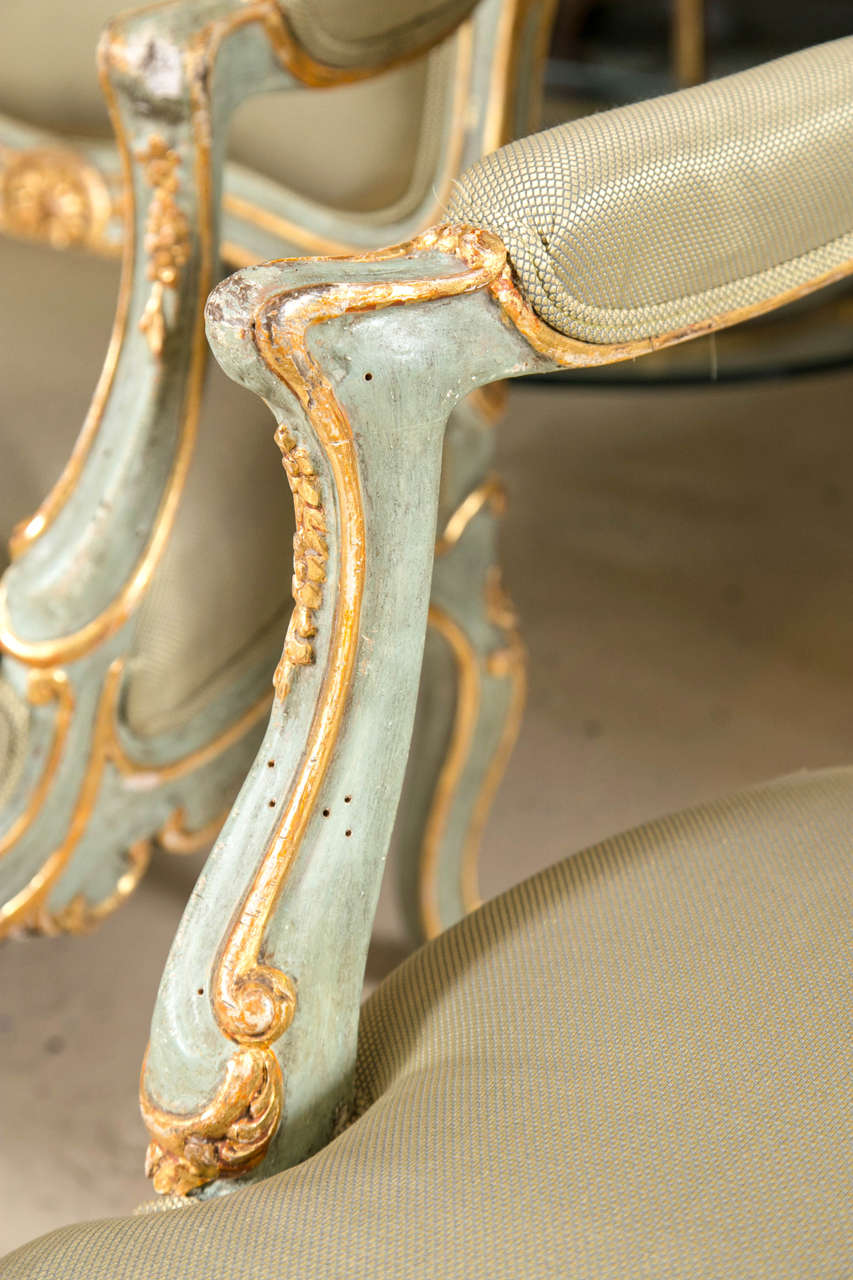 French Pair of Early 19 Century Louis XVI Style Parcel-Gilt & Paint Decorated Armchairs