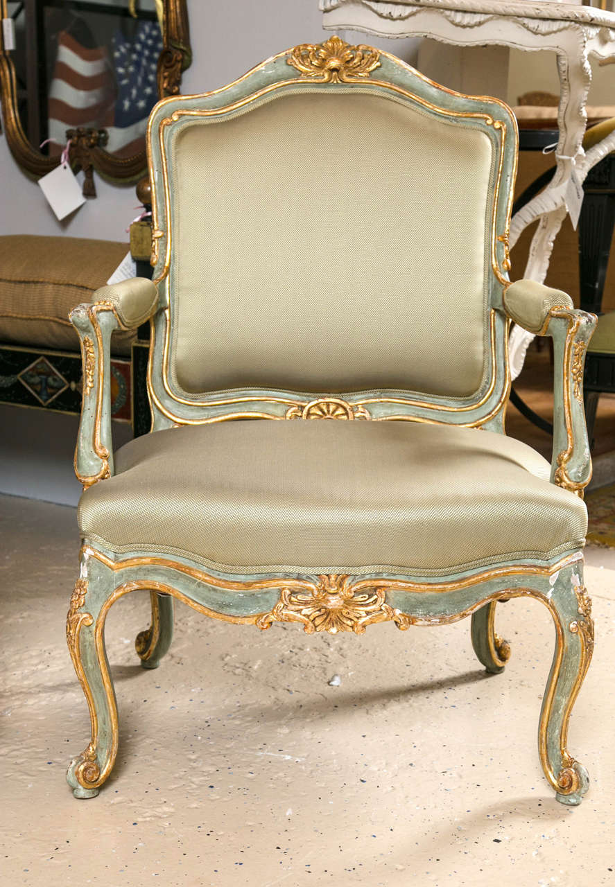 19th Century Pair of Early 19 Century Louis XVI Style Parcel-Gilt & Paint Decorated Armchairs