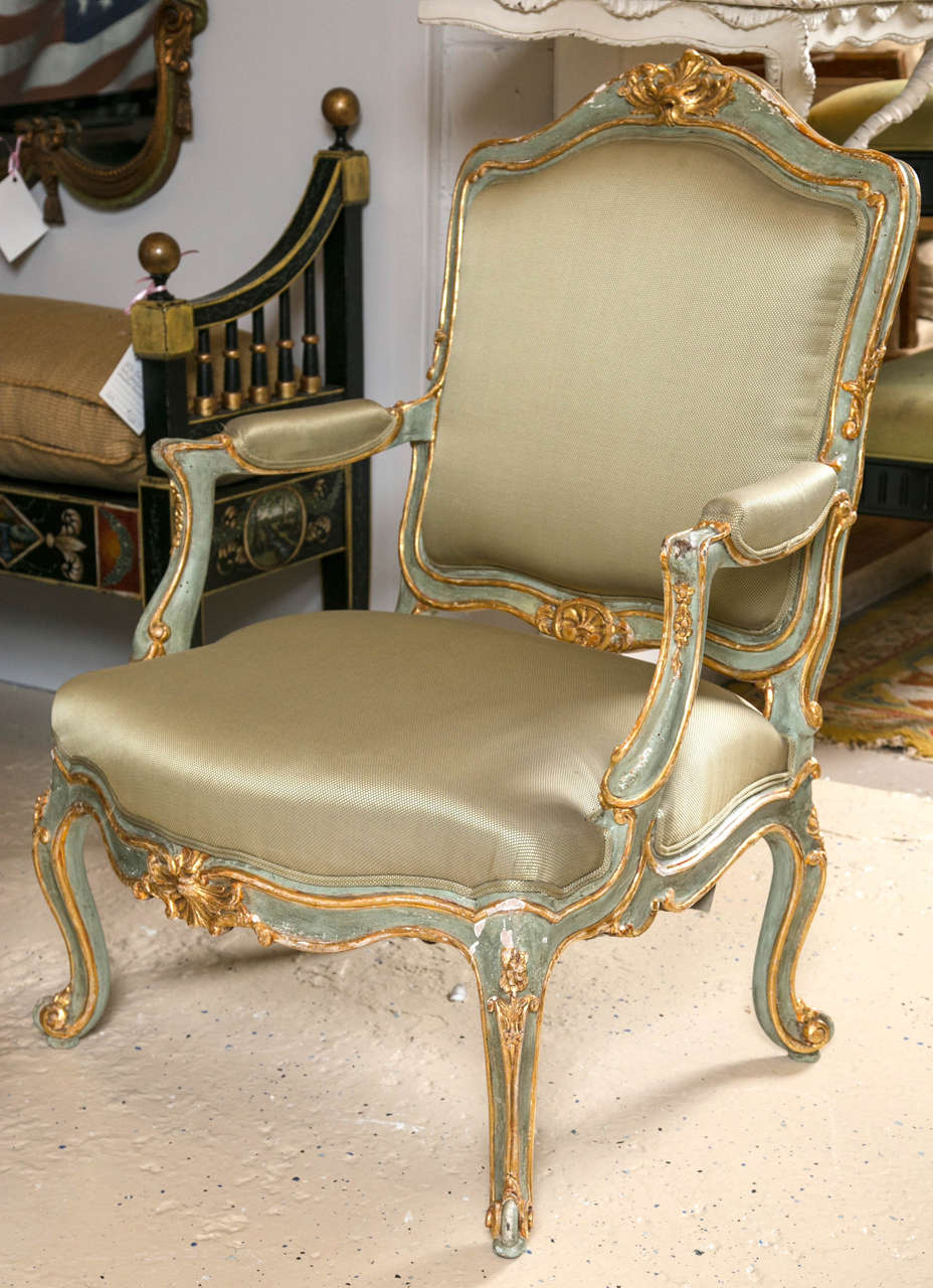Wood Pair of Early 19 Century Louis XVI Style Parcel-Gilt & Paint Decorated Armchairs