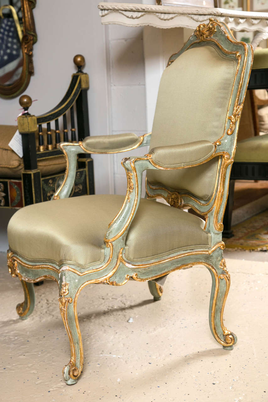 Pair of Early 19 Century Louis XVI Style Parcel-Gilt & Paint Decorated Armchairs 1