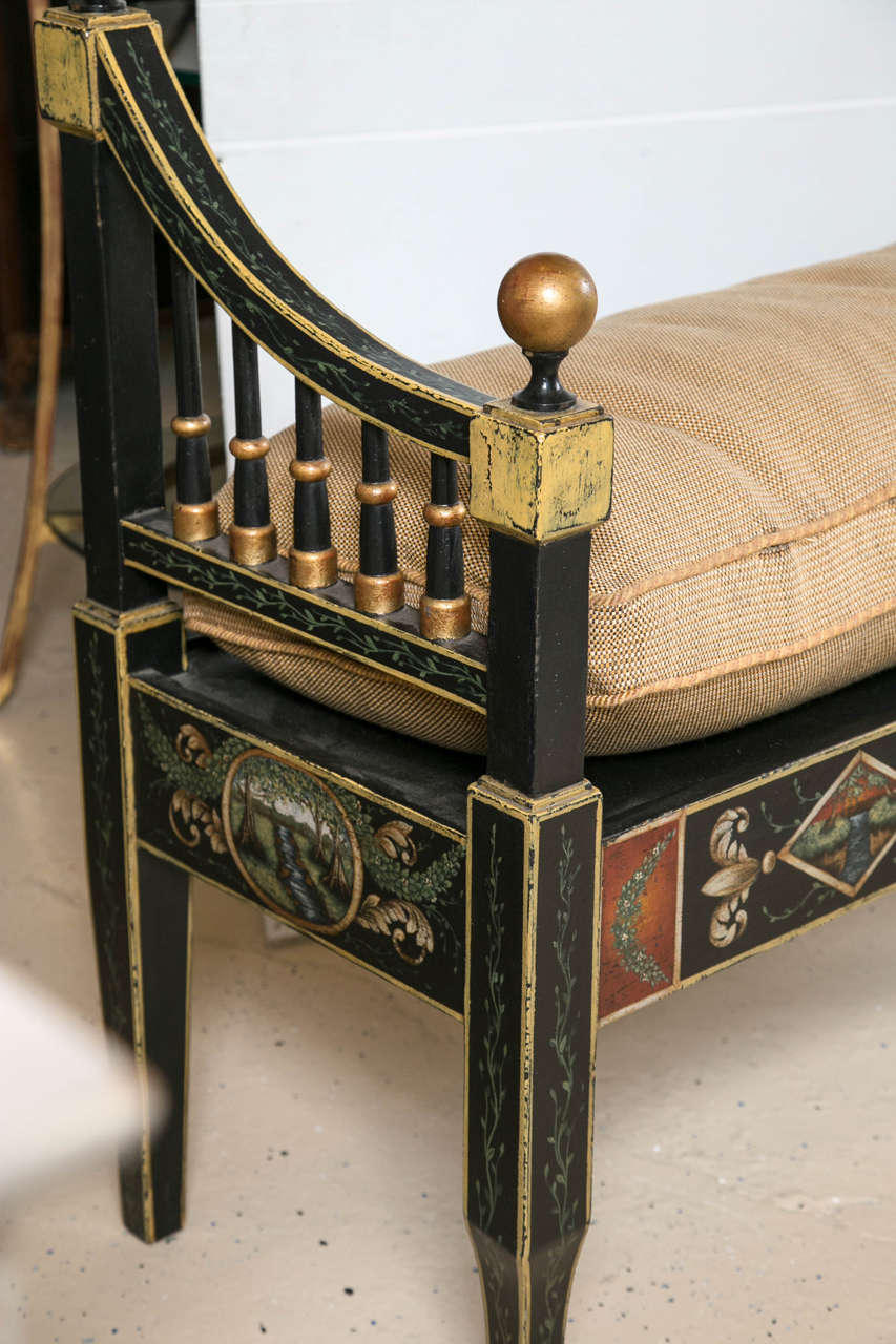 Mid-20th Century Pair of Hollywood Regency Style Ebonized and Paint Decorated Benches/Loveseats