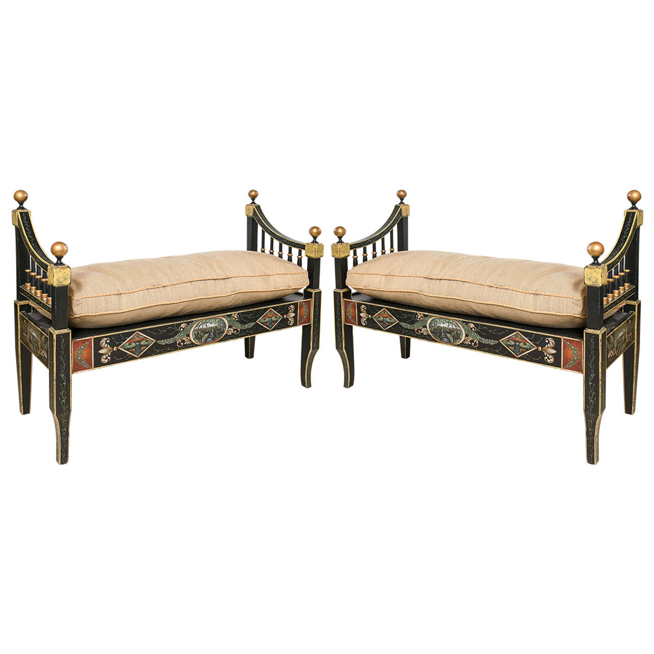 Pair of Hollywood Regency Style Ebonized and Paint Decorated Benches/Loveseats