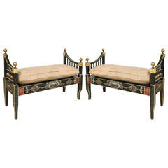Vintage Pair of Hollywood Regency Style Ebonized and Paint Decorated Benches/Loveseats