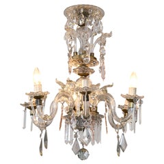 Antique Venetian Crystal Chandelier with Large Crystals 1920s Six Light Rare Scroll Arms