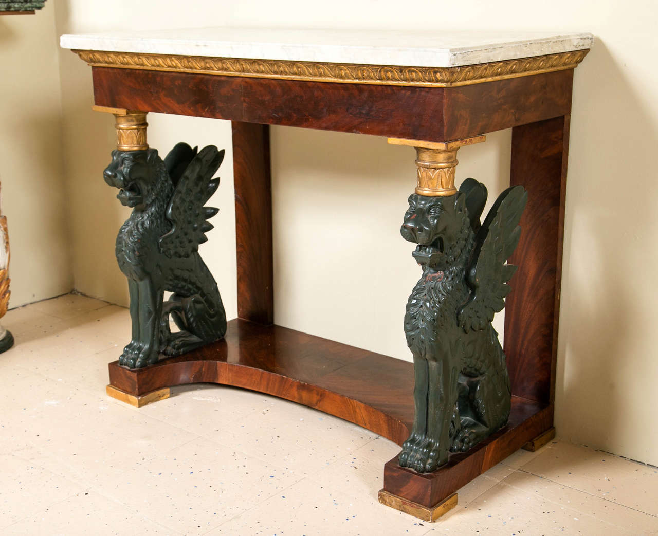 Pair of 19th Century Marble-Top Winged, Gargouille Carved Console Tables