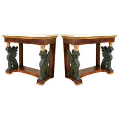 Pair of 19th Century Marble-Top Winged, Gargouille Carved Console Tables