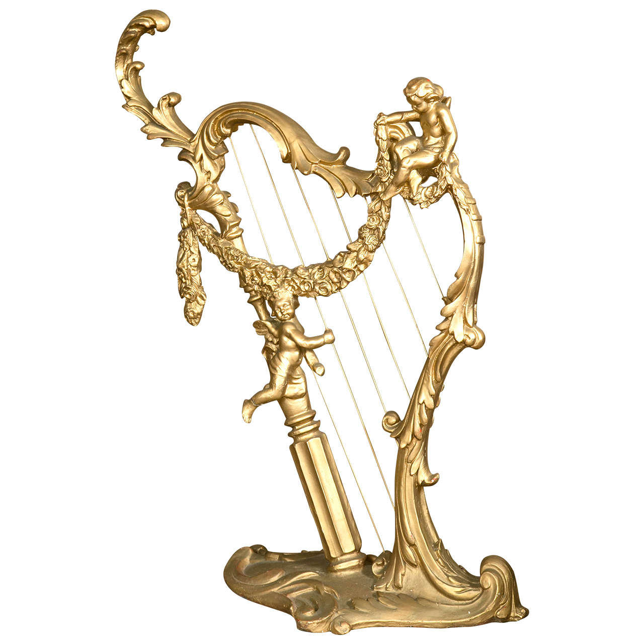 Standing Harp Sculpture Depicting Carved Angels or Putti Playing The Harp Cords For Sale at 1stdibs
